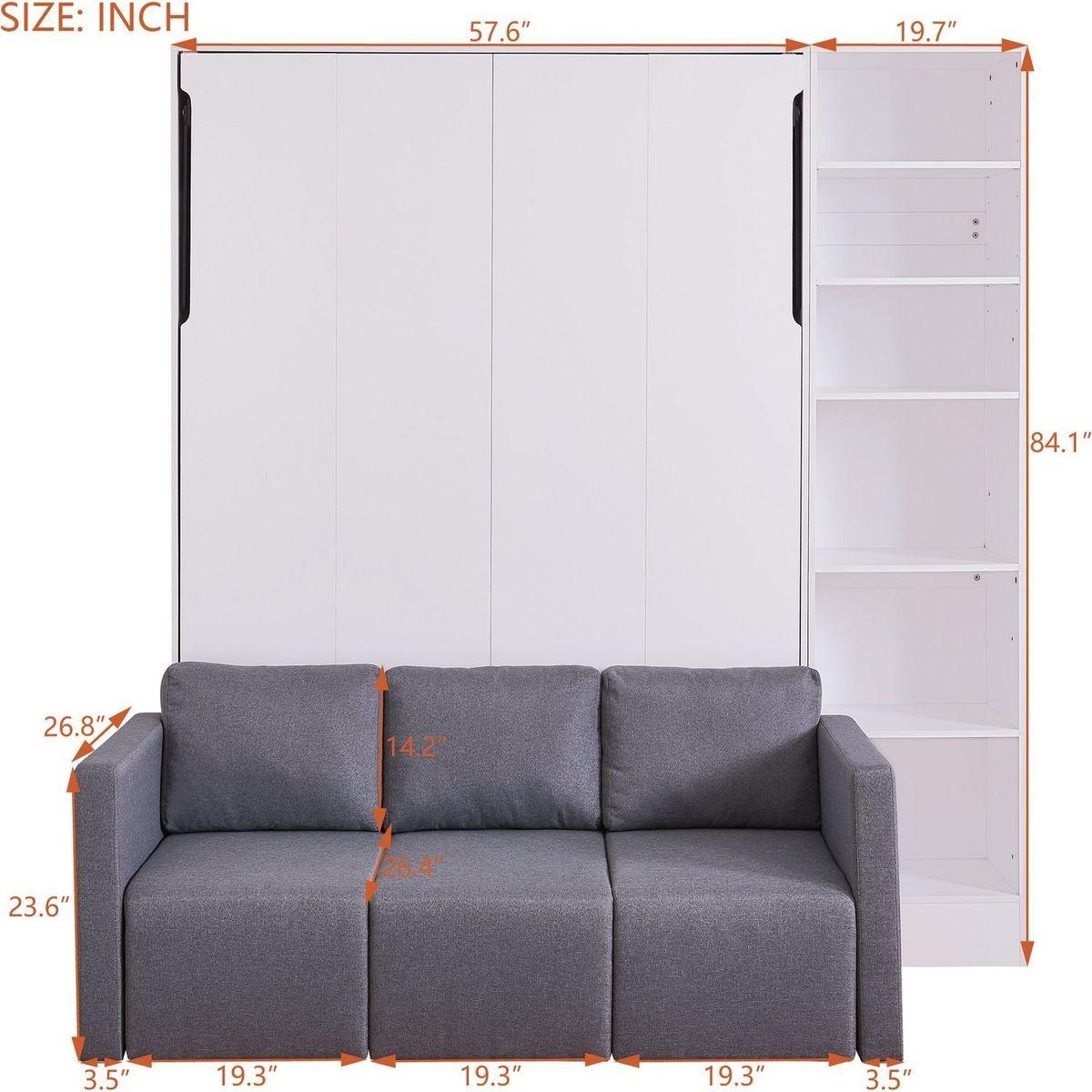 Full Size Murphy Bed Wall Bed with Sofa,with Shelves,White