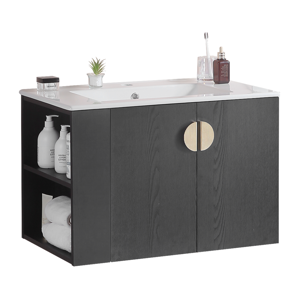 30" Bathroom Vanity with Sink,with two Doors Cabinet Bathroom Vanity Set with Side left Open Storage Shelf,Solid Wood,Excluding faucets,Black