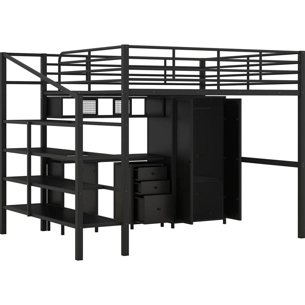 Metal Loft Bed With table set and wardrobe, Full, Black