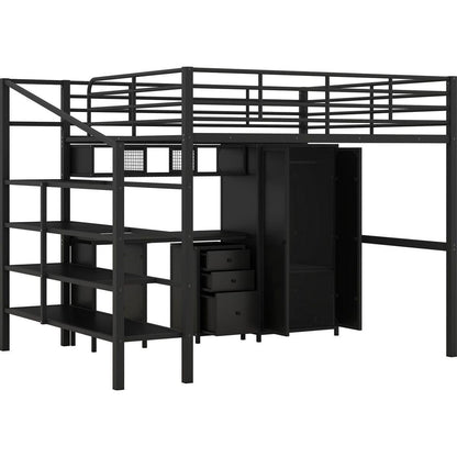 Metal Loft Bed With table set and wardrobe, Full, Black