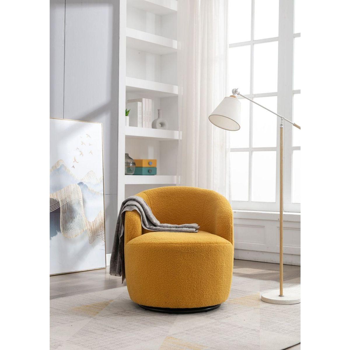 Teddy Fabric Swivel Accent Armchair Barrel Chair With Black Powder Coating Metal Ring,Yellow