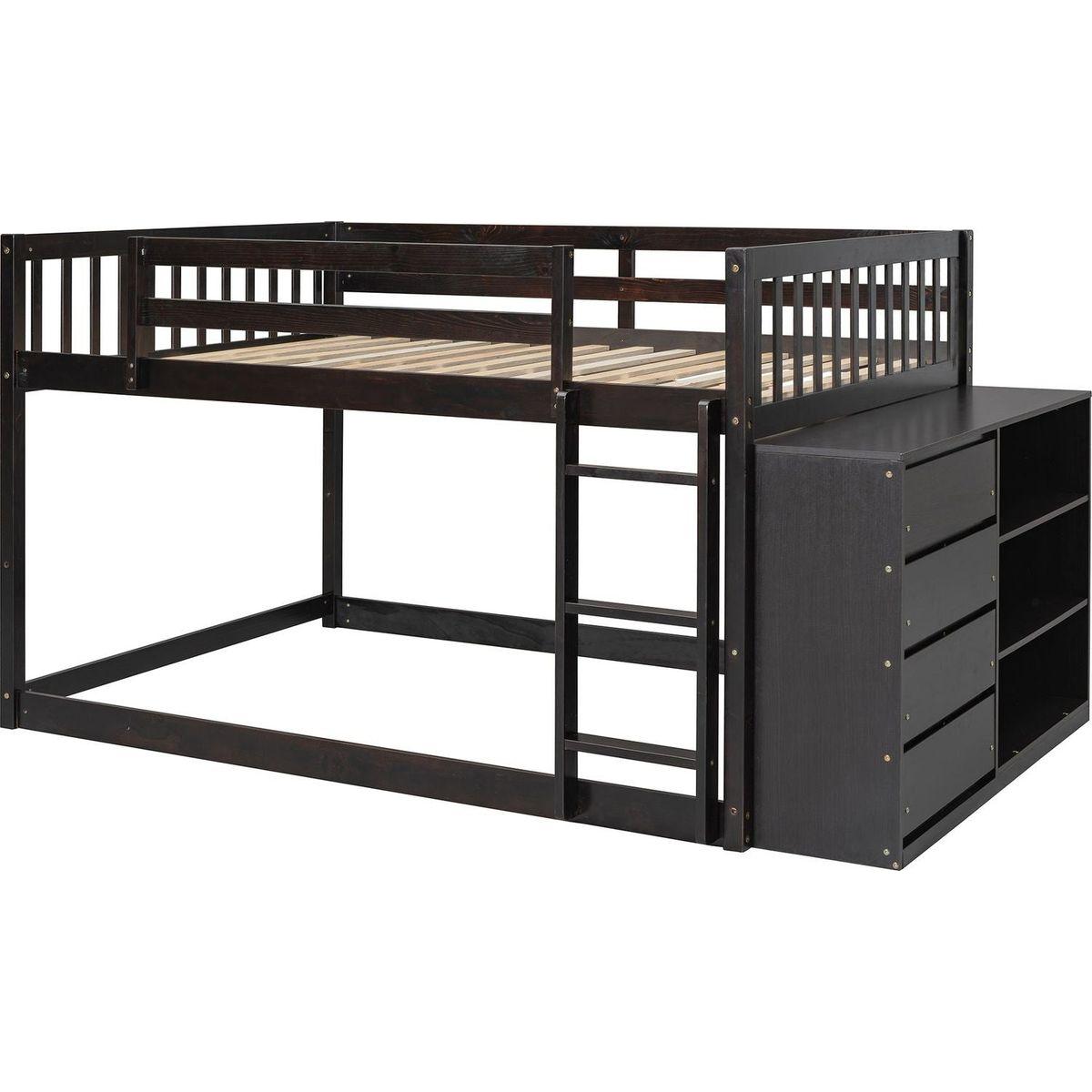 Full over Full Bunk Bed with 4 Drawers and 3 Shelves-Espresso