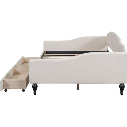 Full Size Upholstered Tufted Daybed with Two Drawers, Beige