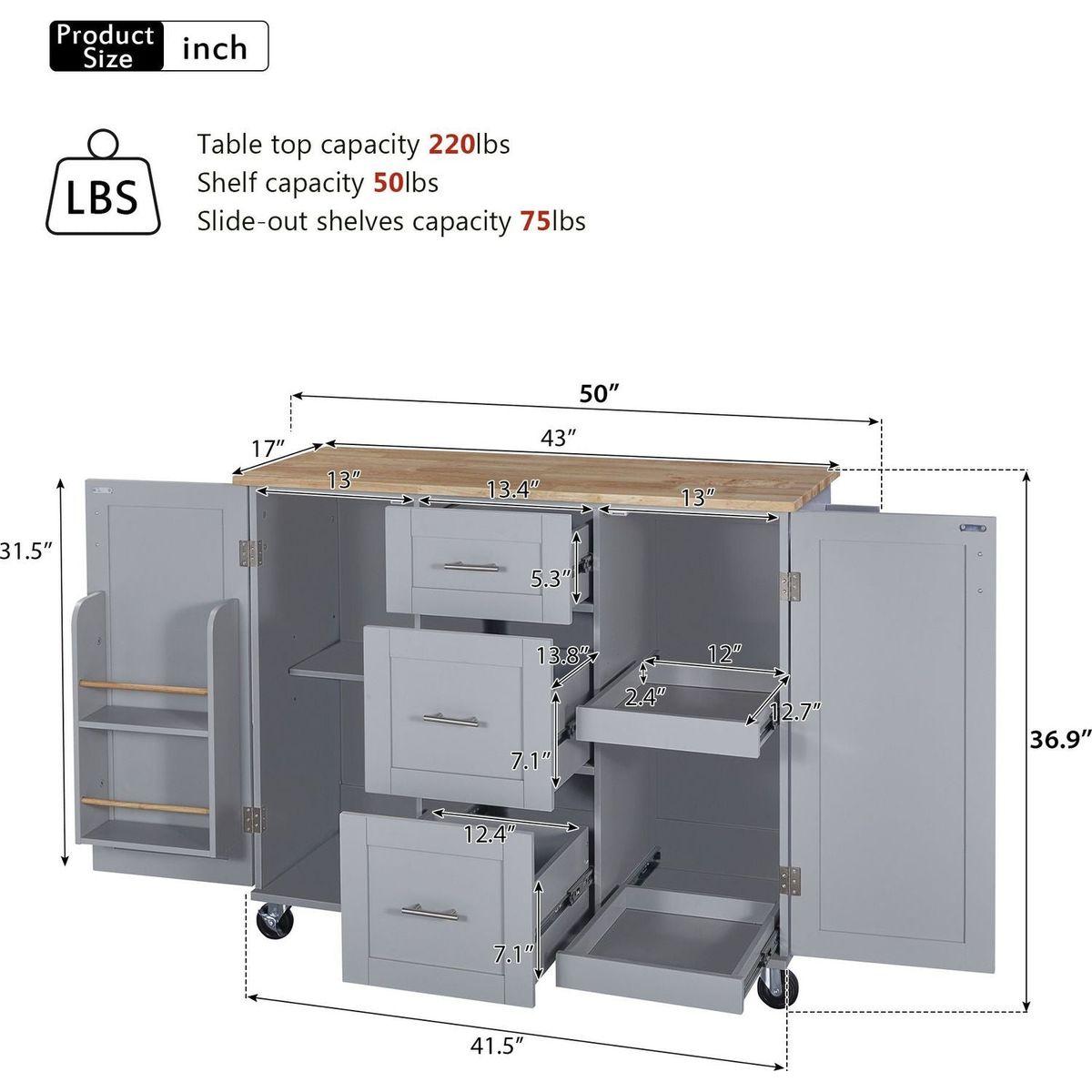 Rolling Kitchen Island with Storage, Kitchen Cart with Rubber Wood Top, 3 Drawer, 2 Slide-Out Shelf and Internal Storage Rack, Kitchen Island on Wheels with Spice Rack & Tower Rack, Grey Blue