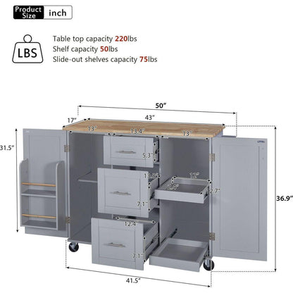 Rolling Kitchen Island with Storage, Kitchen Cart with Rubber Wood Top, 3 Drawer, 2 Slide-Out Shelf and Internal Storage Rack, Kitchen Island on Wheels with Spice Rack & Tower Rack, Grey Blue