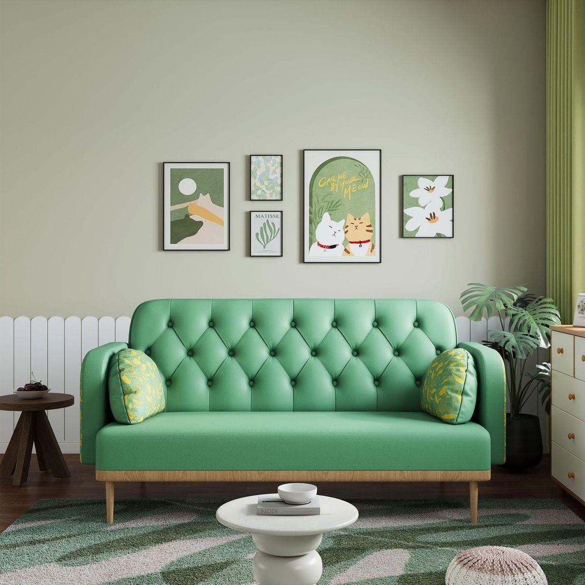 green Loveseat sofa with tulip pattern Modern Upholstered Two Seater PU Sofa with 2 dumpling-shaped throw pillows with tulip patterns
