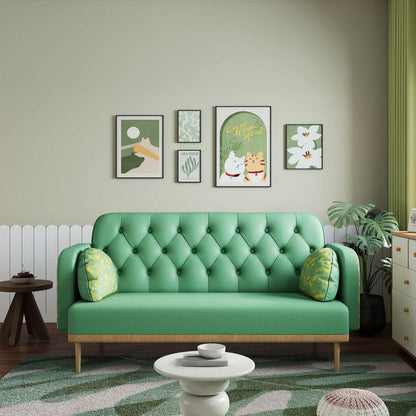 green Loveseat sofa with tulip pattern Modern Upholstered Two Seater PU Sofa with 2 dumpling-shaped throw pillows with tulip patterns