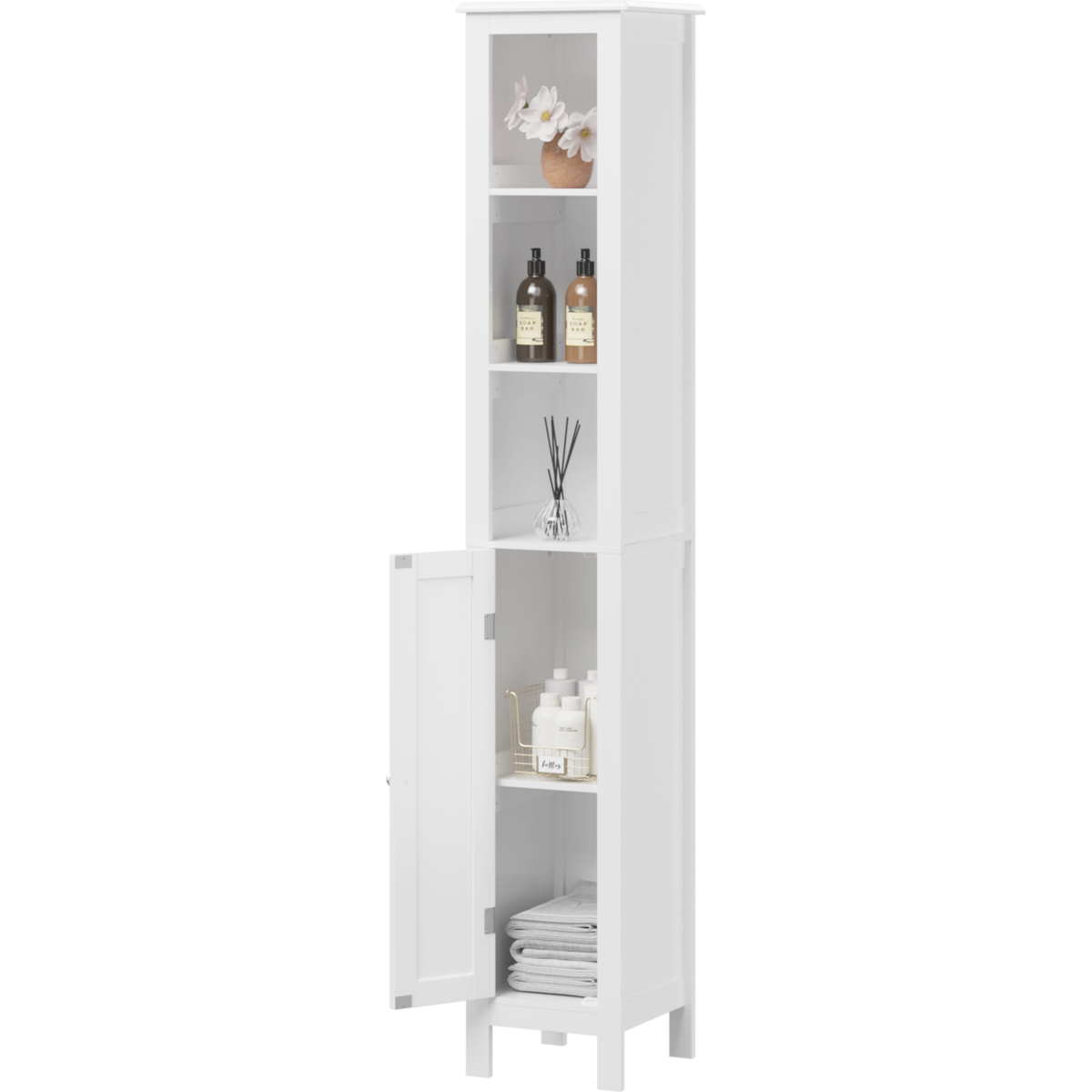 66.92" Tall Bathroom Storage Cabinet with Adjustable Shelves,1 Doors Freestanding Cabinet with Anti-Tip, Open compartments, for Home, Small Spaces, Bathroom,Kitchen, Living Room, White
