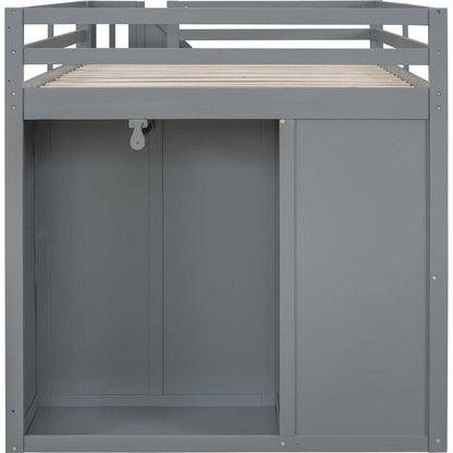 Full Size Wood Loft Bed With Built-in Wardrobes, Cabinets and Drawers, Gray