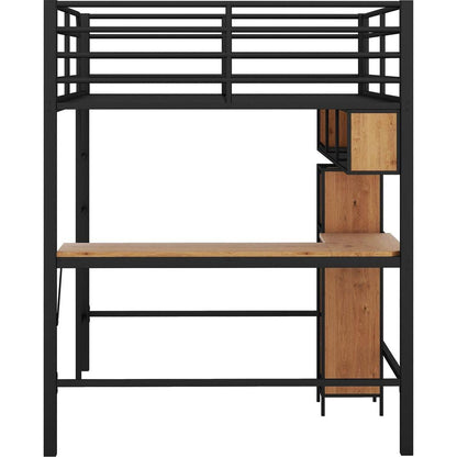 Full Size Metal & Wood Loft Bed with L -shaped desk and shelves, Black and Brown