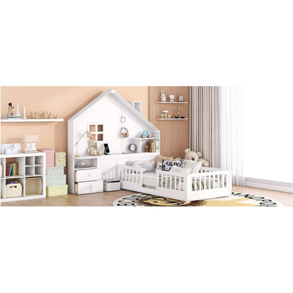 Twin Size House Bed with Window and Bedside Drawers, Platform Bed with Shelves and a set of Sockets and USB Port, White