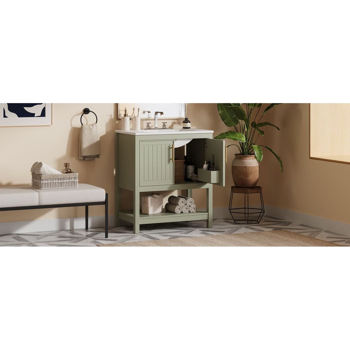 30-Inch Green Bathroom Vanity with Ceramic Sink and Versatile Storage - Ideal for Small Bathrooms