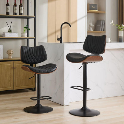 Walnut Bentwood Bar Stools Mid Century Modern Adjustable Counter Height Black Leather Upholstered 360Swivel Bar Chairs for Kitchen Island/Dining Room/Cafe, 1 chair/1carton,Black