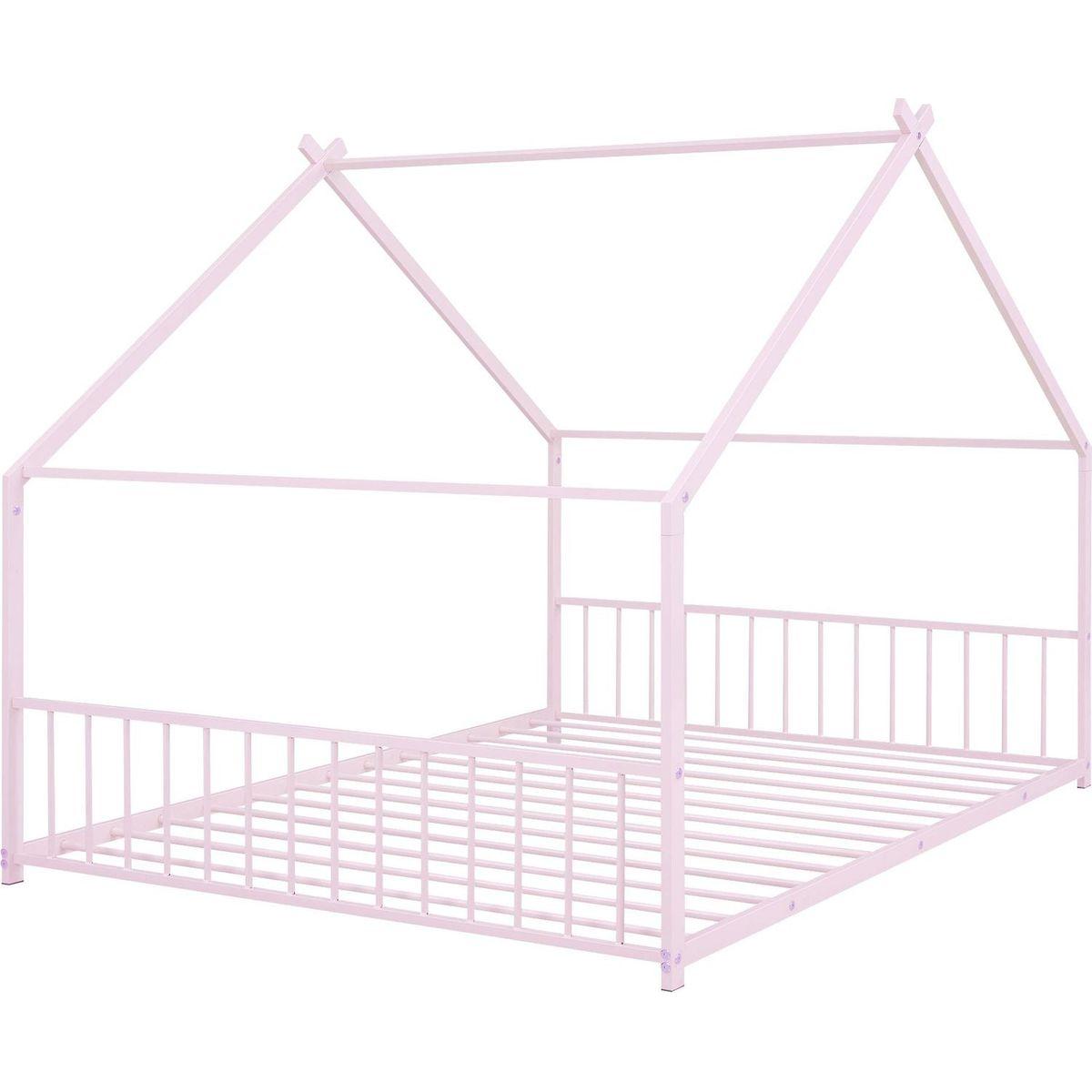 Full Size Metal House Bed, Pink