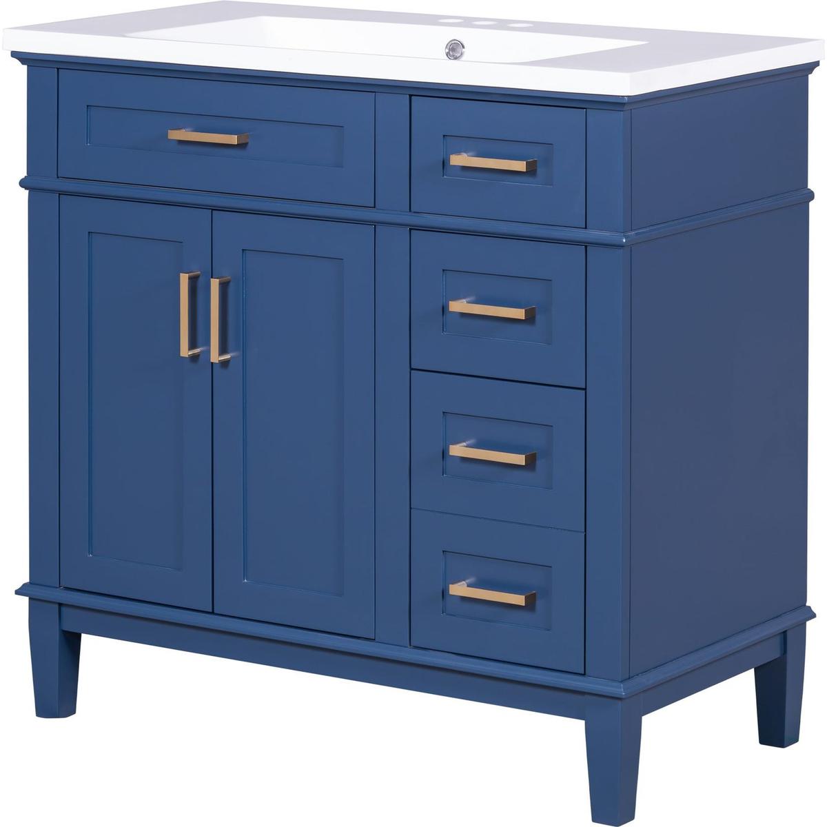 36-inch Bathroom Vanity with Resin Sink, Modern Bathroom Cabinet in Blue, Featuring Two Soft Close Doors and Four Drawers