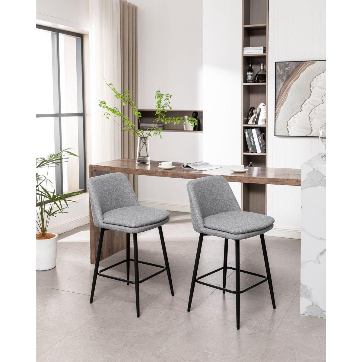 Counter Height Swivel Bar Stools Set of 2, 360 Swivel Upholstered Barstools with Back and Metal Legs, 25.6" Seat Height,Counter Stools for Kitchen Island and Pub,Linen Cloth,Grey
