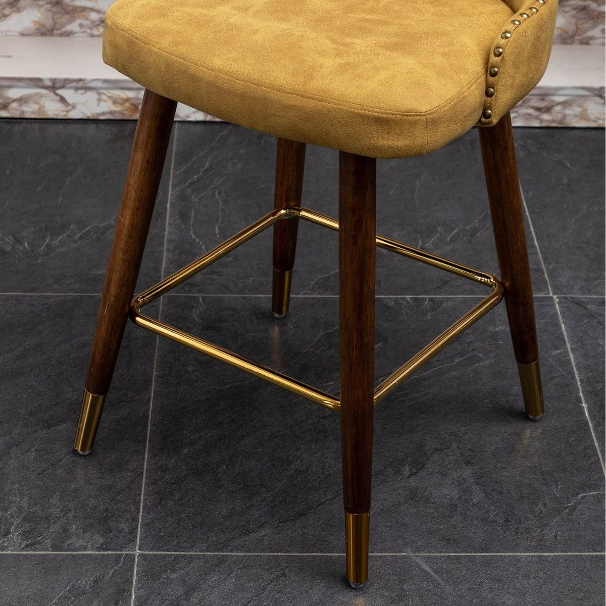 Nevis Mid-century Modern Faux Leather Tufted Nailhead Trim Counter Stool Set of 2, Yellow