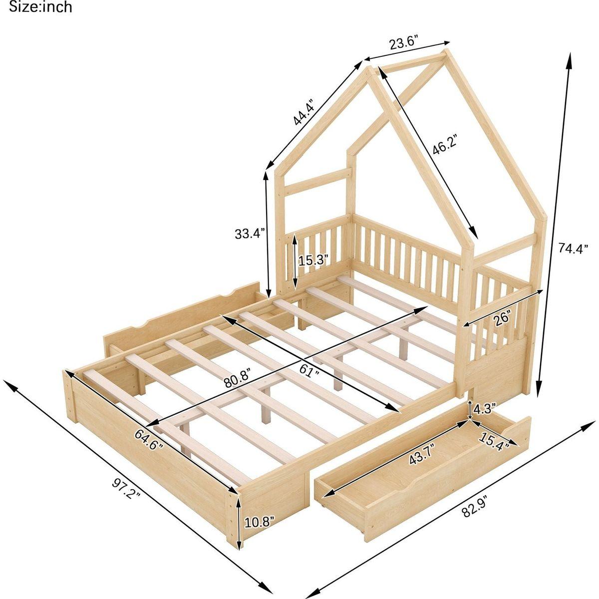 Wood Queen Size House Platform Bed with Guardrail and 2 Drawers, Natural