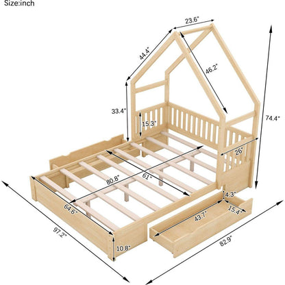 Wood Queen Size House Platform Bed with Guardrail and 2 Drawers, Natural