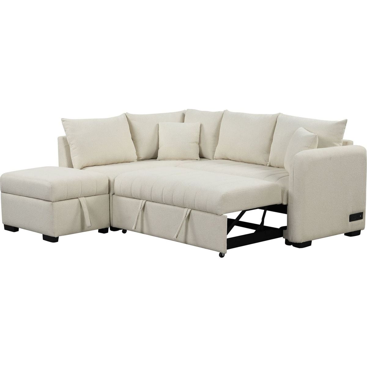 82.6" L-shaped Sectional Pull Out Sofa Bed Sleeper Sofa with Two USB Ports, Two Power Sockets and a Movable Storage Ottoman, Beige