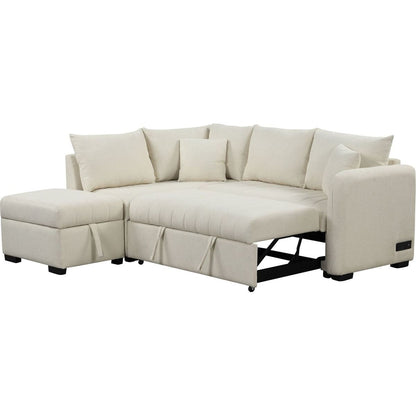 82.6" L-shaped Sectional Pull Out Sofa Bed Sleeper Sofa with Two USB Ports, Two Power Sockets and a Movable Storage Ottoman, Beige
