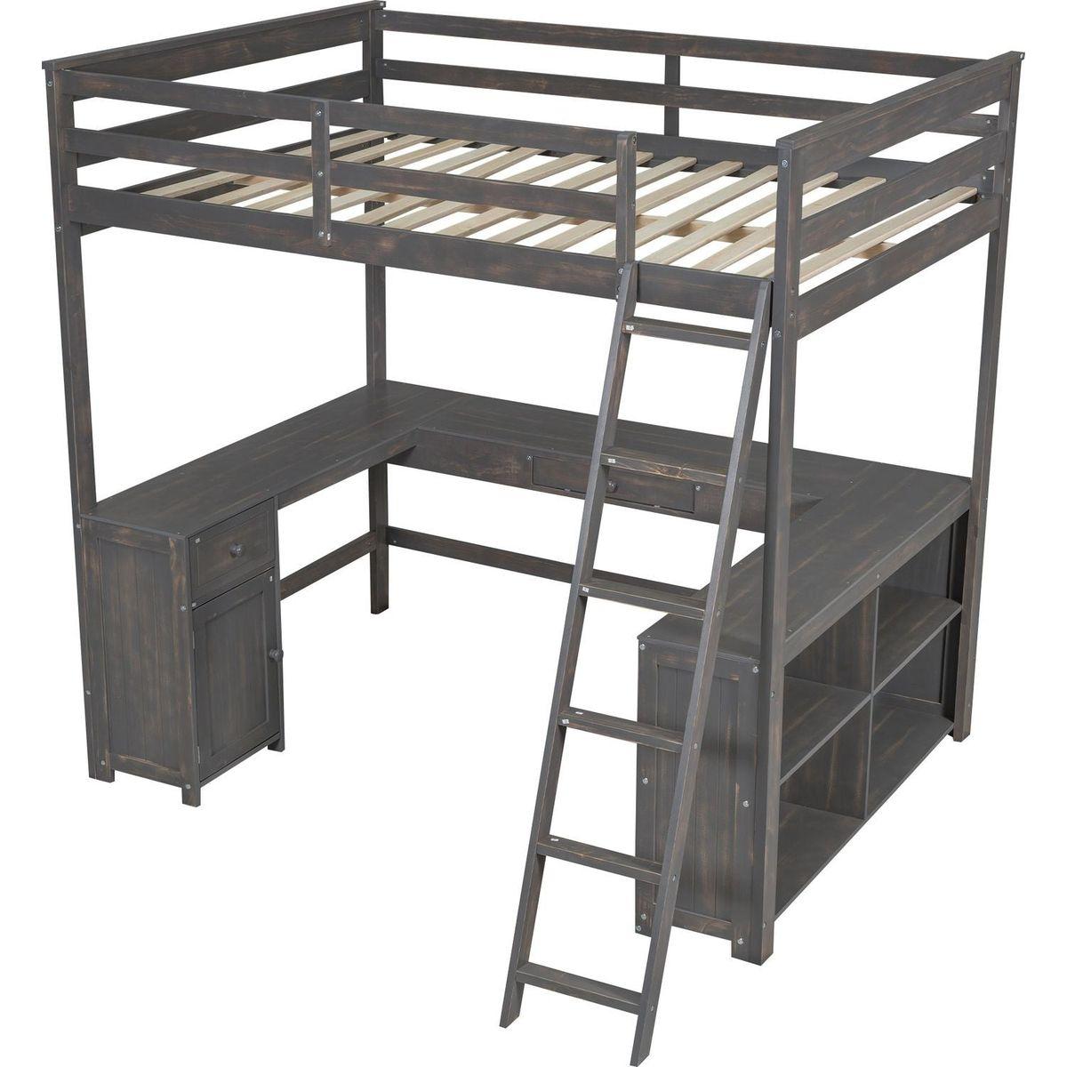 Full Size Loft Bed with U-shaped Desk, Drawers and Storage Shelves, Antique Brown