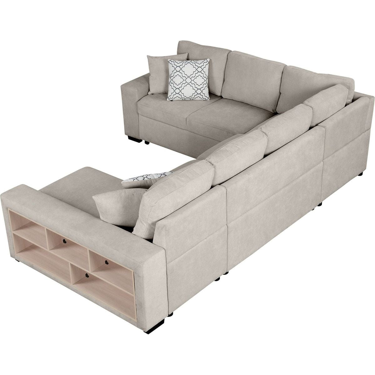 109" U-shaped Sectional Sofa Pull-out Sofa Bed with Two USB Ports, a Storage Chaise Lounge and Four Back Pillows for Living Room, Beige