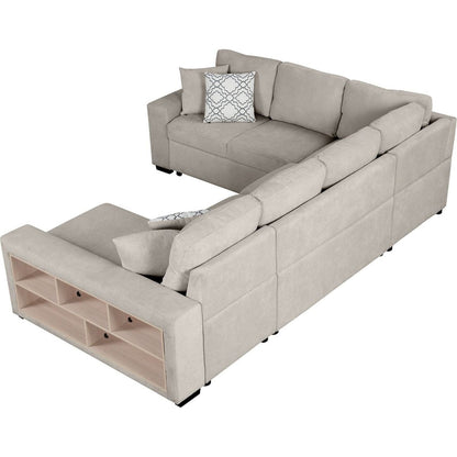 109" U-shaped Sectional Sofa Pull-out Sofa Bed with Two USB Ports, a Storage Chaise Lounge and Four Back Pillows for Living Room, Beige