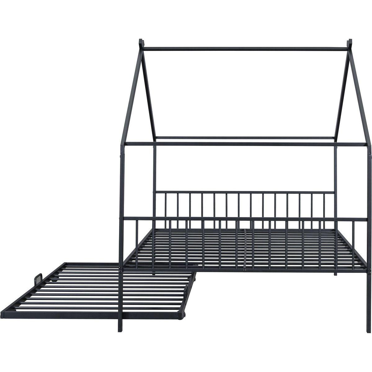 Full Size Metal House Bed with Twin Size Trundle, Black
