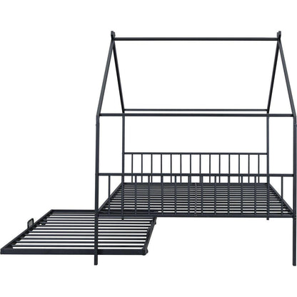 Full Size Metal House Bed with Twin Size Trundle, Black