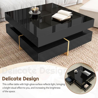 Modern High Gloss Coffee Table with 4 Drawers, Multi-Storage Square Cocktail Tea Table with Wood Grain Legs, Center Table for Living Room, 31.5"x31.5", Black