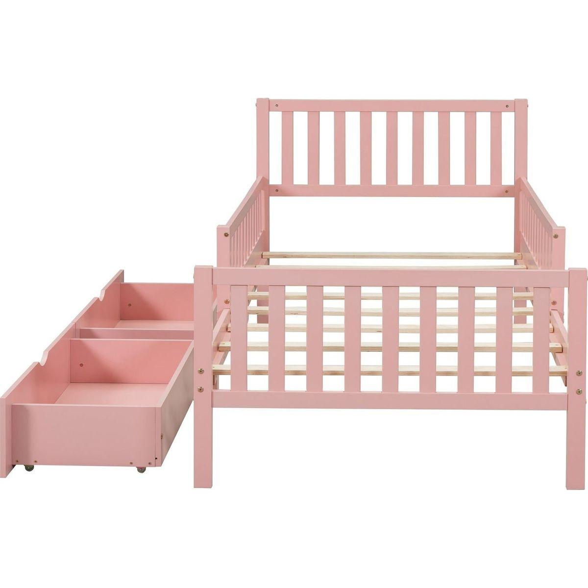 Twin Size Wood Platform Bed with Guardrails on Both Sides and Two Storage Drawers, Pink