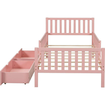 Twin Size Wood Platform Bed with Guardrails on Both Sides and Two Storage Drawers, Pink