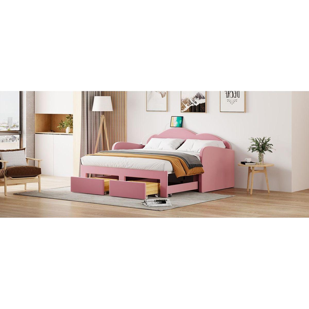 Twin Size Upholstered daybed with Cloud-Shaped Backrest, Trundle & 2 Drawers and USB Ports, Pink