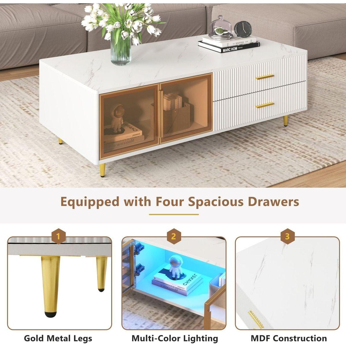 Modern White Coffee Table with 2 Glass Door Storage, 4 Drawers, Gold Metal Legs, and Multi-Color Lighting in 47.2"