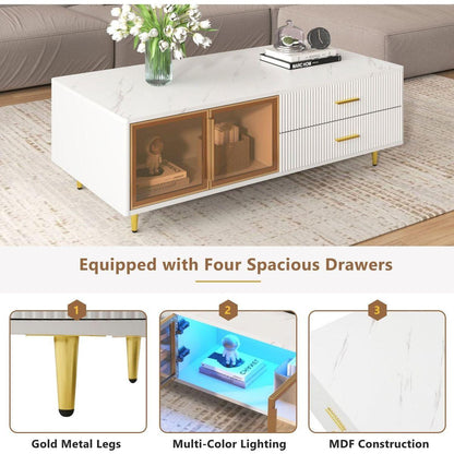 Modern White Coffee Table with 2 Glass Door Storage, 4 Drawers, Gold Metal Legs, and Multi-Color Lighting in 47.2"