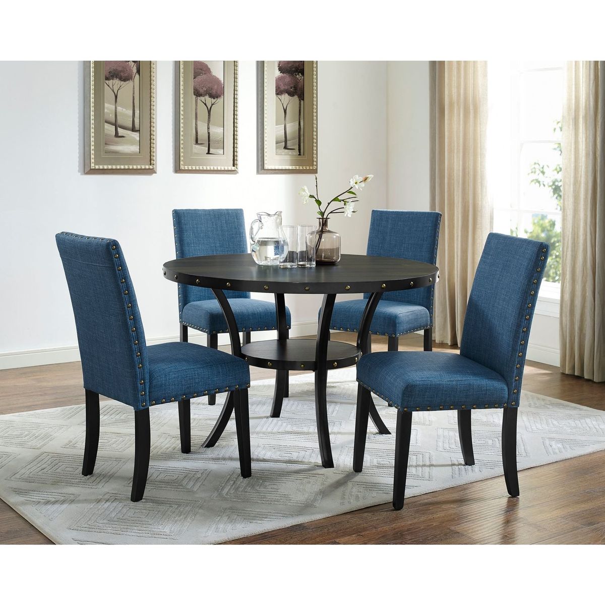 Biony Fabric Dining Chairs with Nailhead Trim, Set of 2, Blue