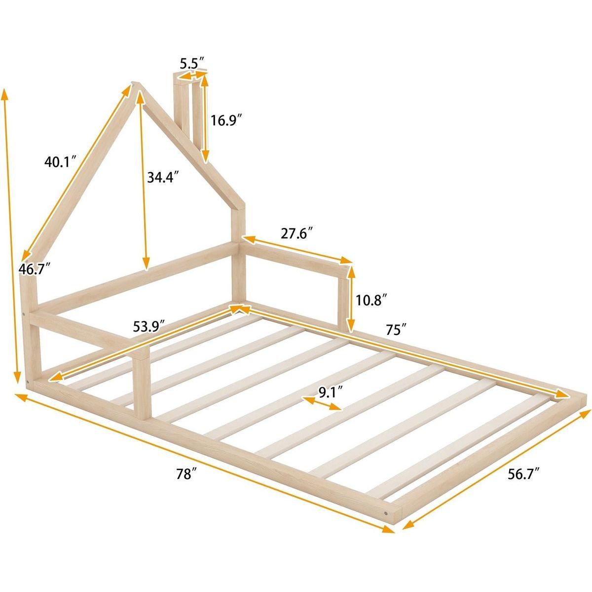 Full Size Wood Floor Bed with House-shaped Headboard, Natural