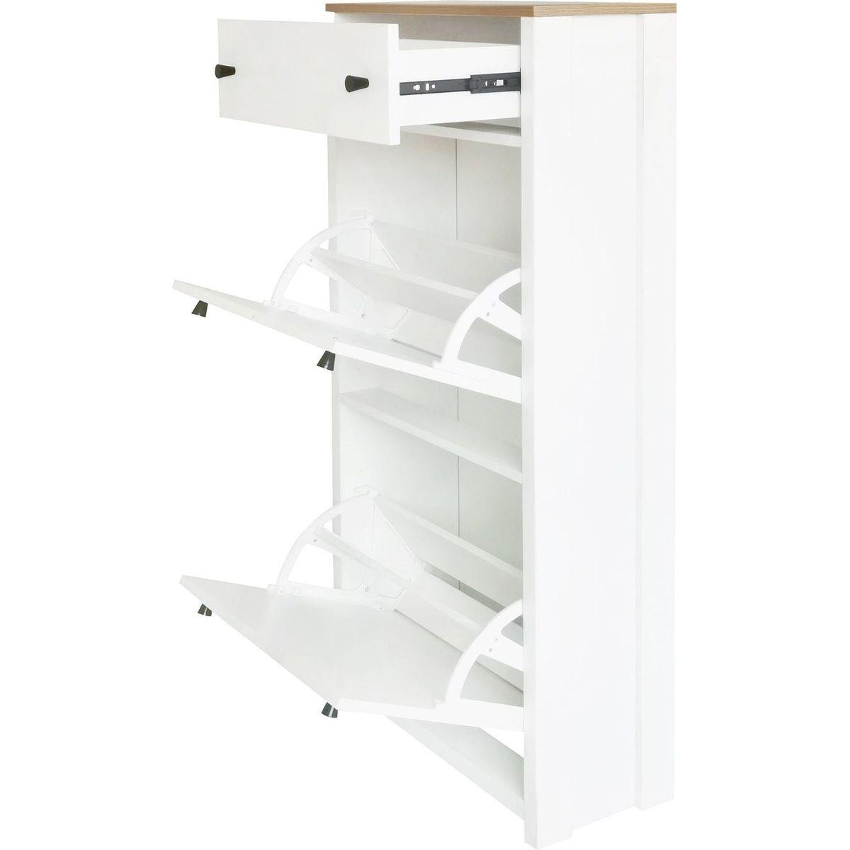 Slim Shoe Cabinet Set with 4 Flip Drawers, Wood Grain Pattern Top Shoe Storage Solution with Adjustable Panel, Modern Style Shoe Rack with Drawers for Hallway, White