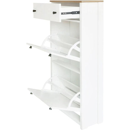 Slim Shoe Cabinet Set with 4 Flip Drawers, Wood Grain Pattern Top Shoe Storage Solution with Adjustable Panel, Modern Style Shoe Rack with Drawers for Hallway, White