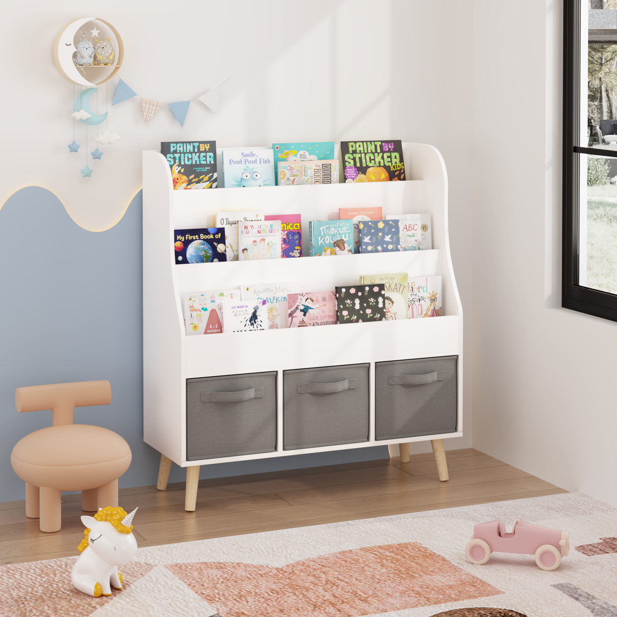 Kids Bookshelf with 3 Fabric Storage Bins, White Wooden Book Display Organizer for Toddlers and Children, Front-Facing Book Rack with Pine Legs for Playroom, Nursery, or Bedroom