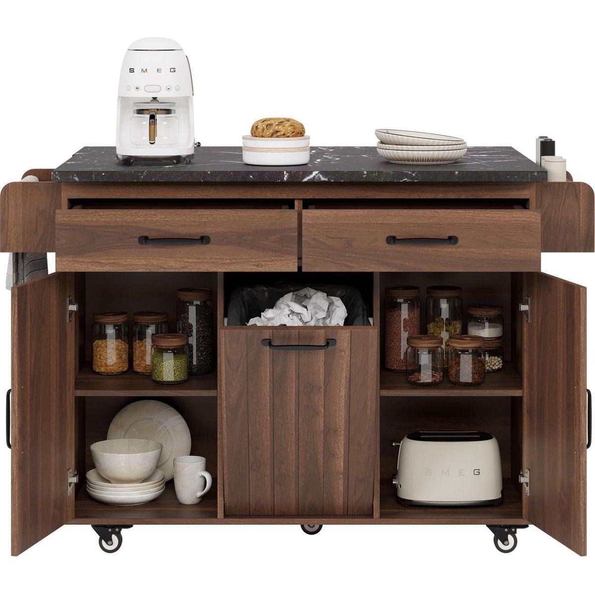 Kitchen Island with Trash Can Storage Cabinet, Kitchen Cart with Drop Leaf, Spice Rack, Towel Rack and Drawer, Rolling Kitchen Island on Wheels with Adjustable Shelf, Walnut Brown