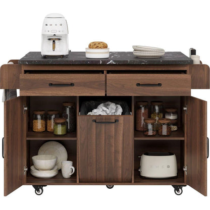 Kitchen Island with Trash Can Storage Cabinet, Kitchen Cart with Drop Leaf, Spice Rack, Towel Rack and Drawer, Rolling Kitchen Island on Wheels with Adjustable Shelf, Walnut Brown