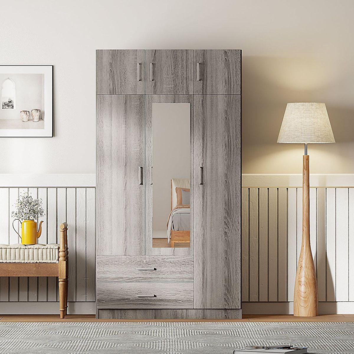 3-Door Mirror Wardrobe with 2 Drawers and Top Cabinet,Gray