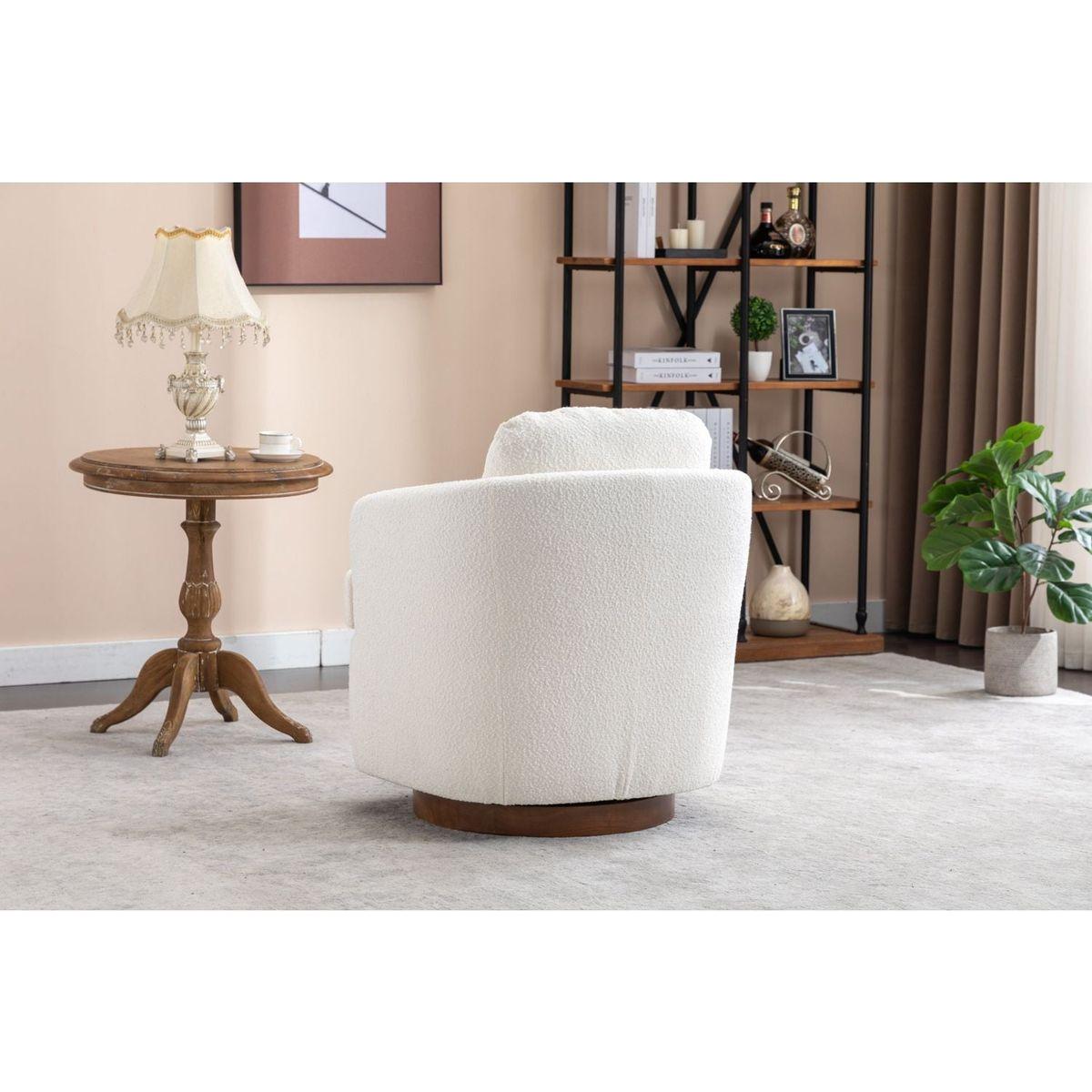 Boucle Fabric Swivel Accent Chair With Soild Wood Round Brown Base Leg,Ivory