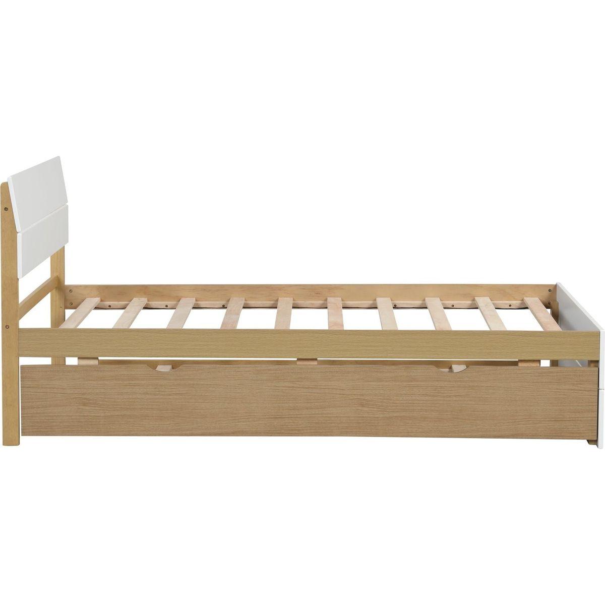 Modern Twin Bed Frame With Trundle For White High Gloss Headboard and Footboard With Light Oak Color