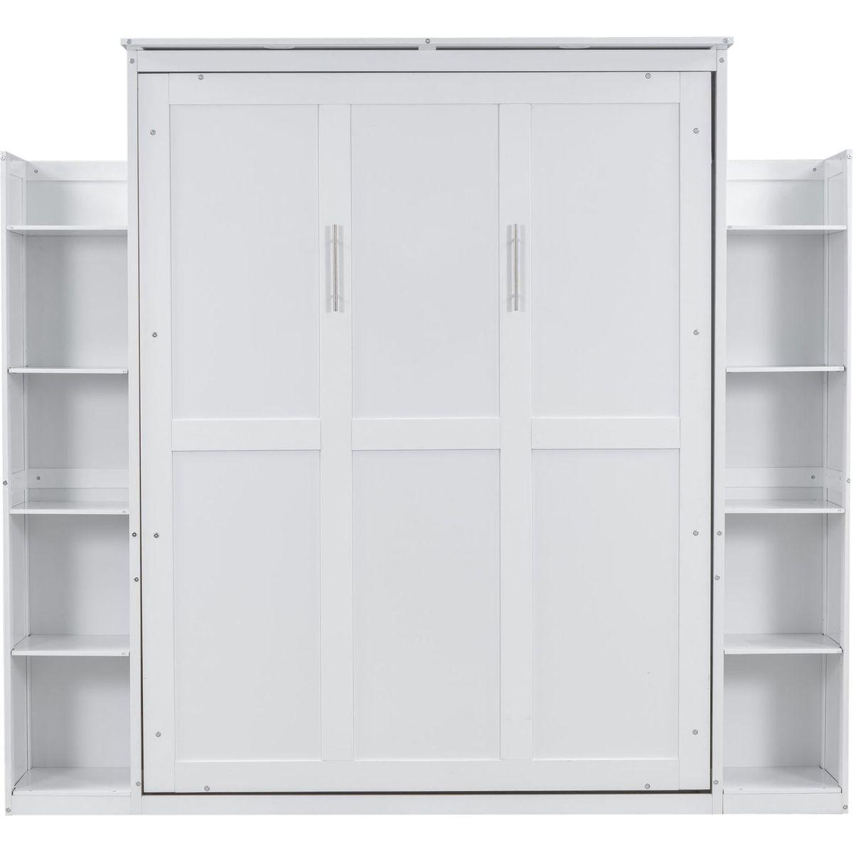 Queen Size Murphy Bed Wall Bed with Shelves and LED Lights,White