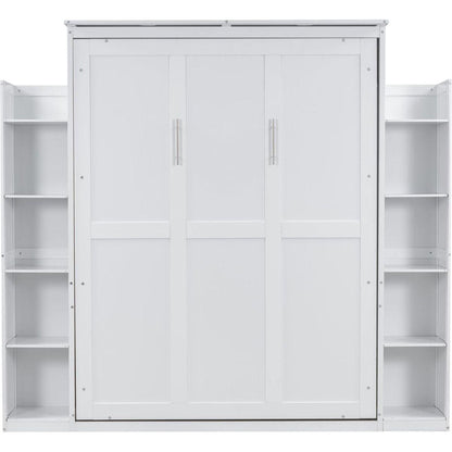 Queen Size Murphy Bed Wall Bed with Shelves and LED Lights,White