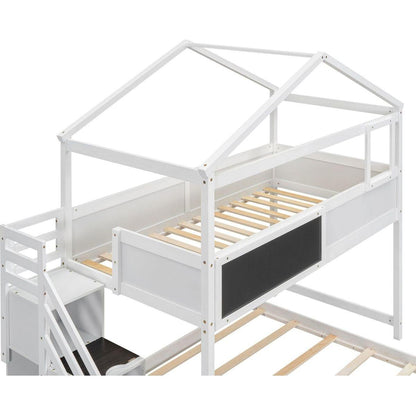 Twin over Full House Bunk Bed with Storage Staircase and Blackboard,White