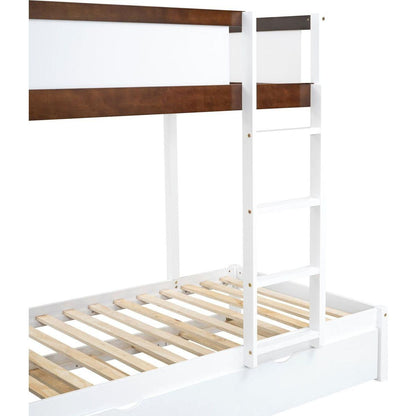 Twin-Over-Twin Bunk Bed with Twin size Trundle, Storage and Desk, White+Walnut